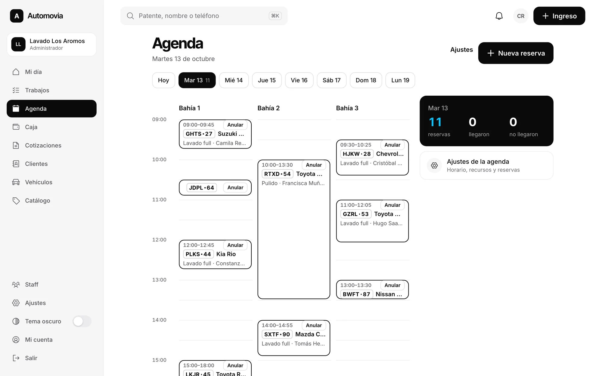 Agenda de Automovity con reservas por bahía