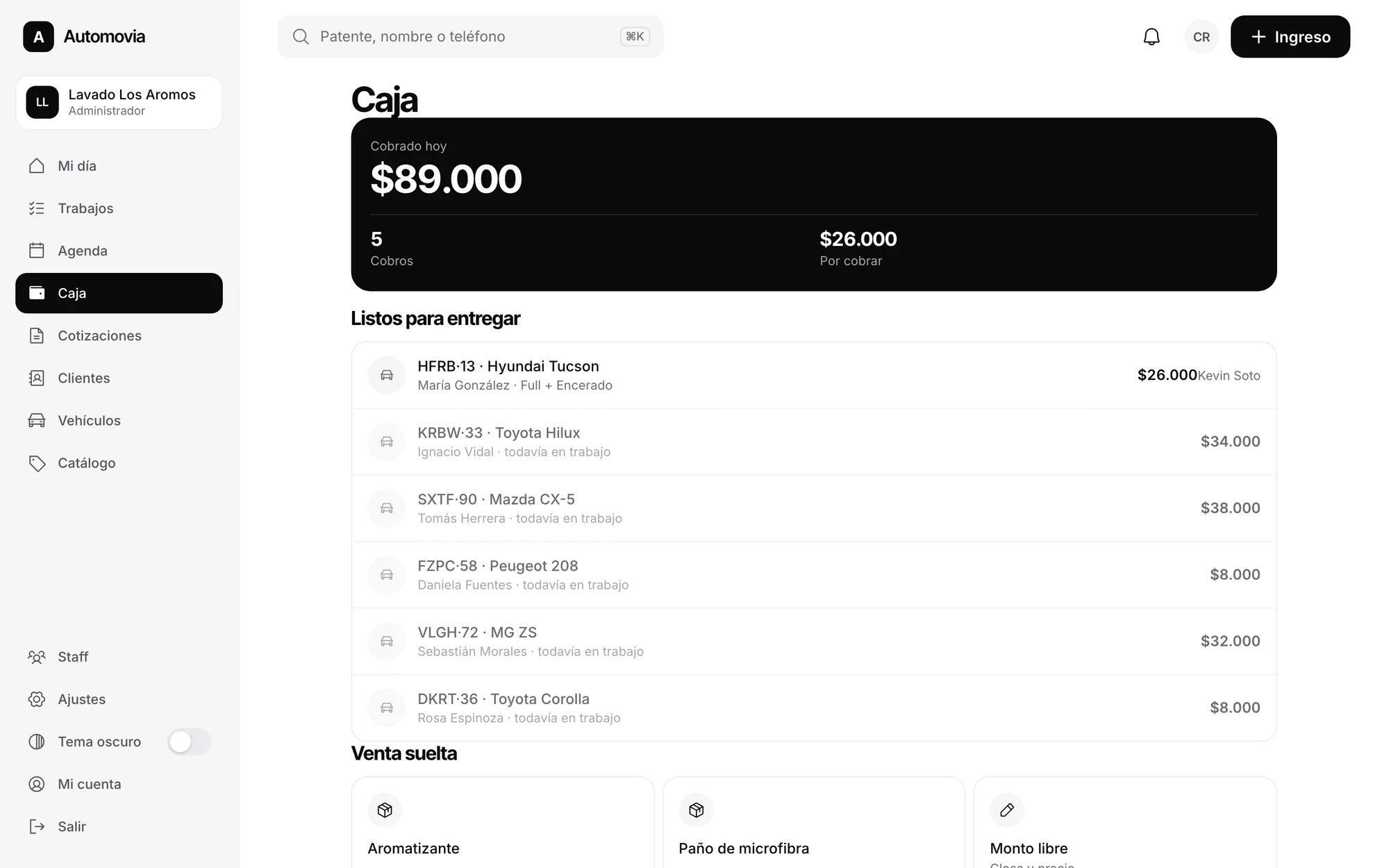 Caja del día en Automovity: lo cobrado, los cobros y lo que falta por cobrar