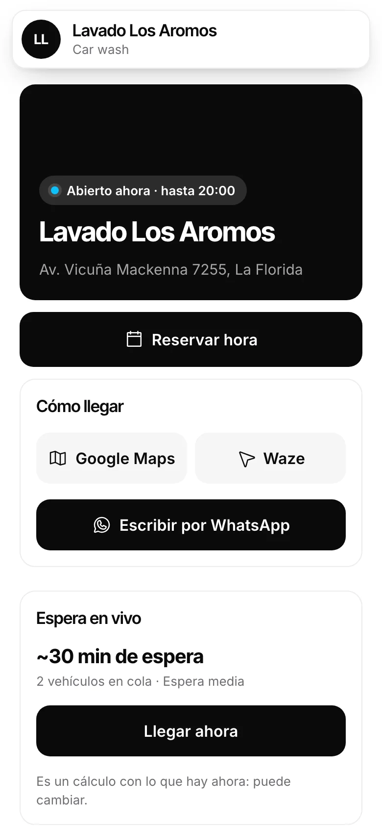 La espera en vivo, antes de llegar. Pantalla real de Automovity para car wash y detailing
