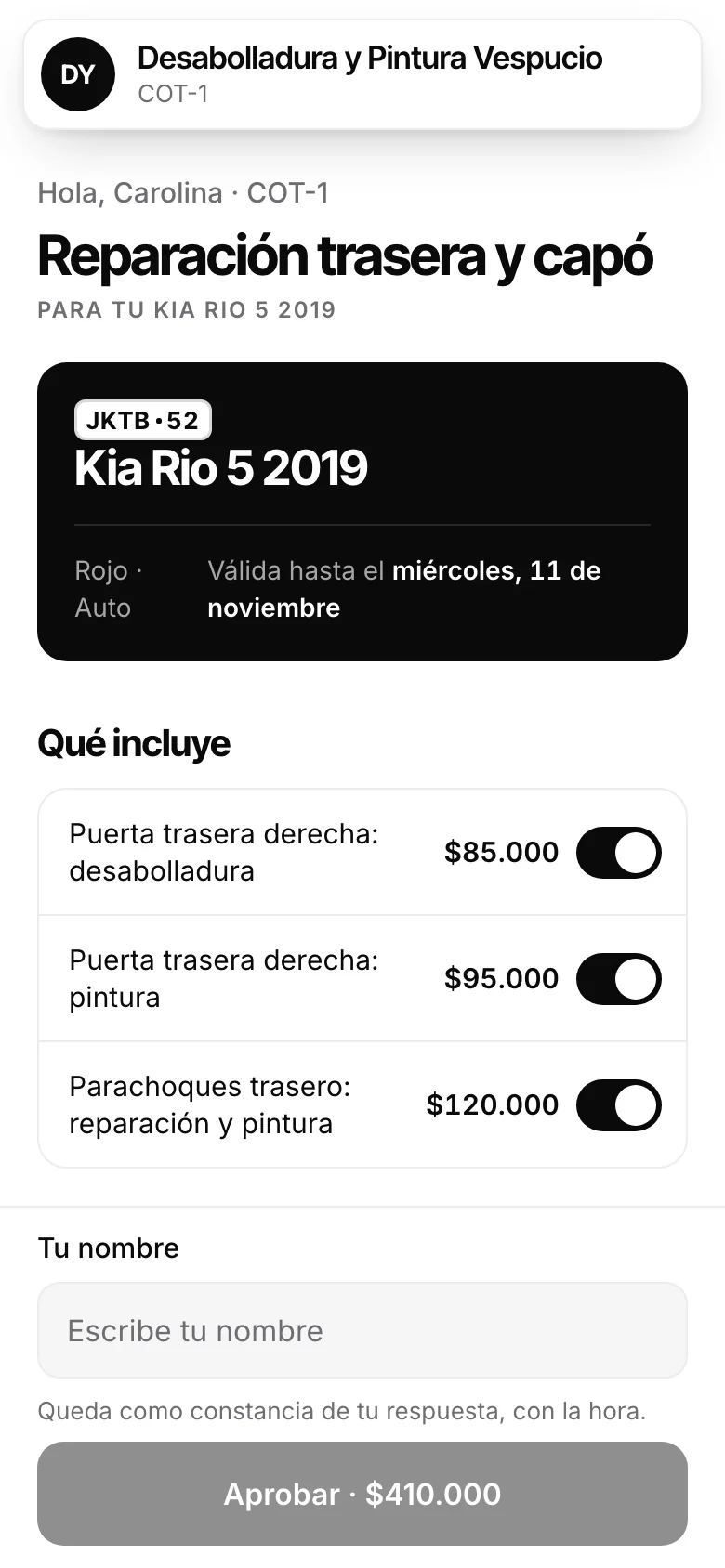 Presupuesto por pieza, aprobado por link. Pantalla real de Automovity para desabolladura y pintura