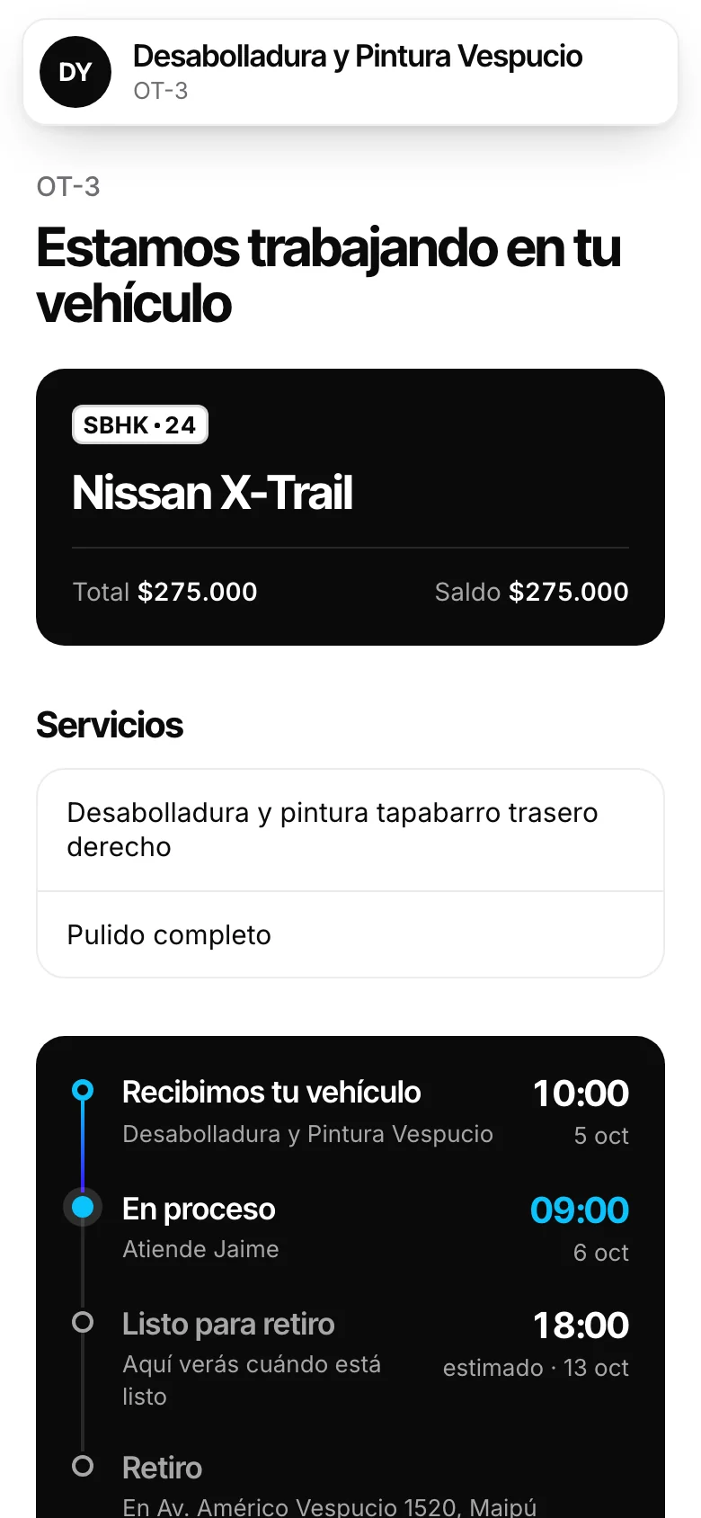 El cliente ve en qué va su auto. Pantalla real de Automovity para desabolladura y pintura