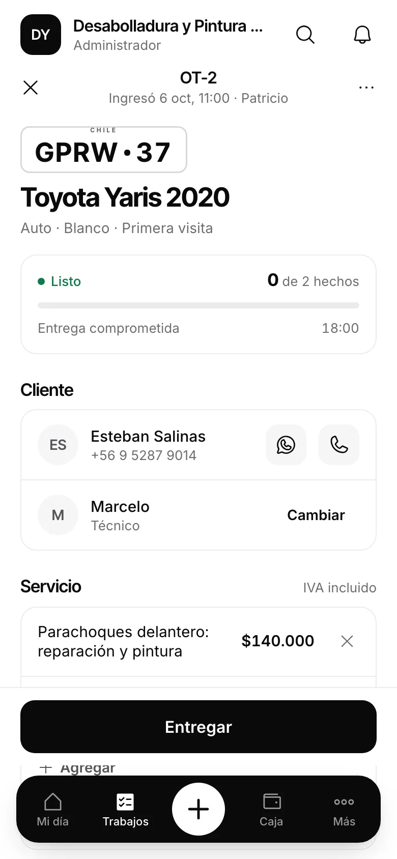Entrega comprometida, a la vista. Pantalla real de Automovity para desabolladura y pintura