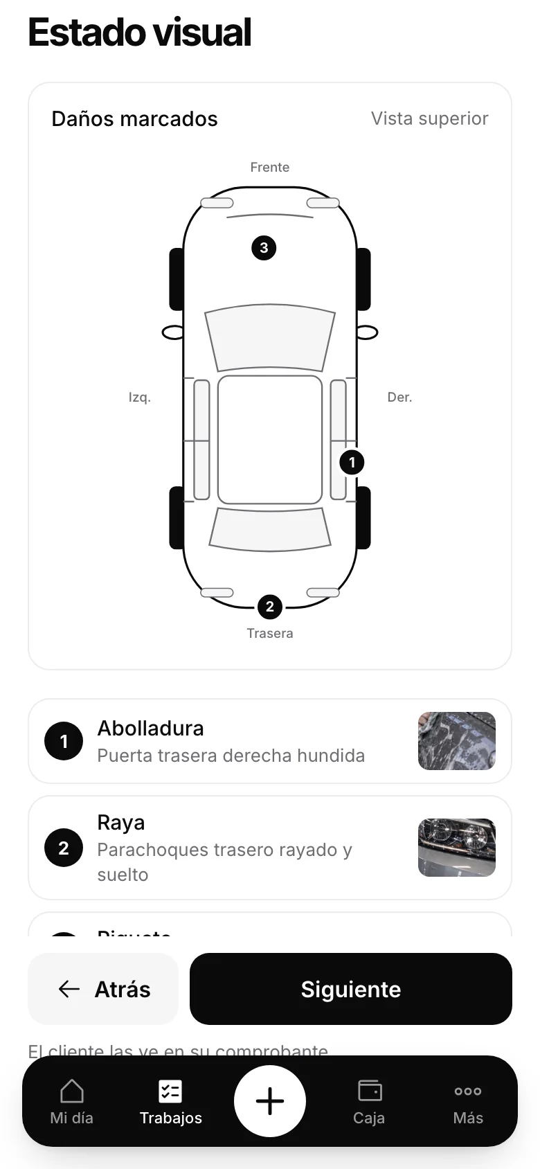 Recepción en Automovity con los daños marcados en el esquema del auto y sus fotos