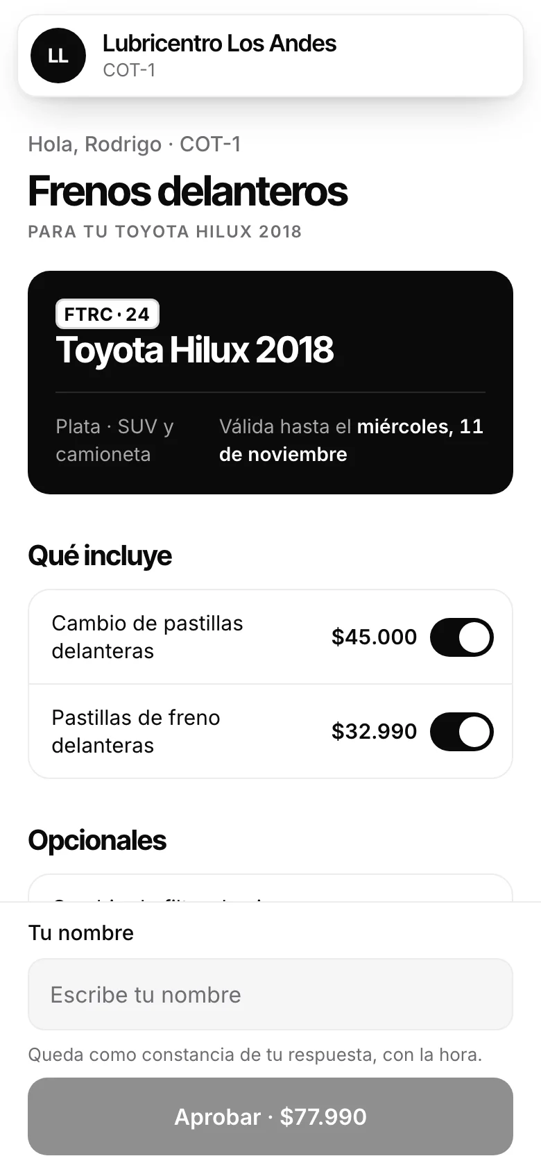 Lo que encuentras, aprobado por link. Pantalla real de Automovity para lubricentro