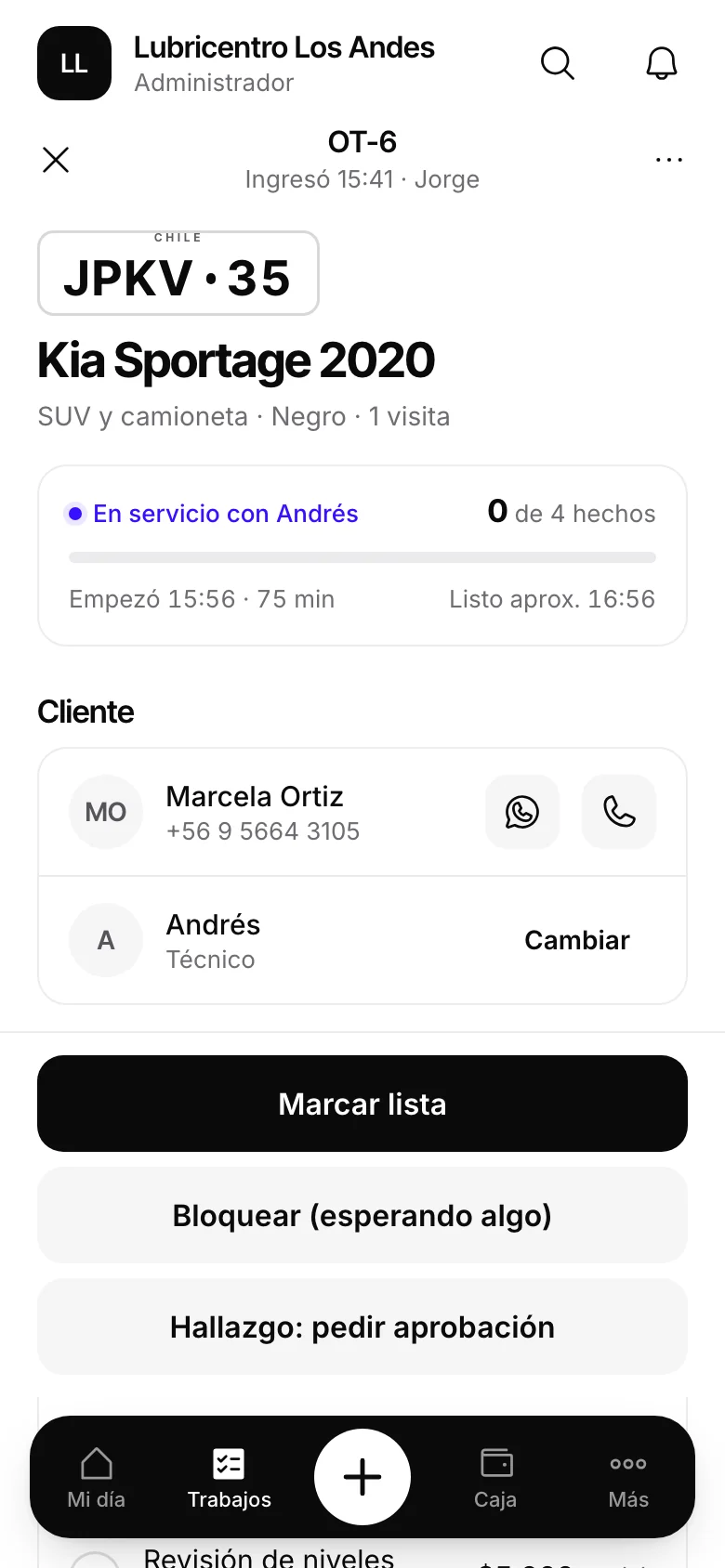Orden de trabajo de un cambio de aceite en Automovity, en servicio con su técnico