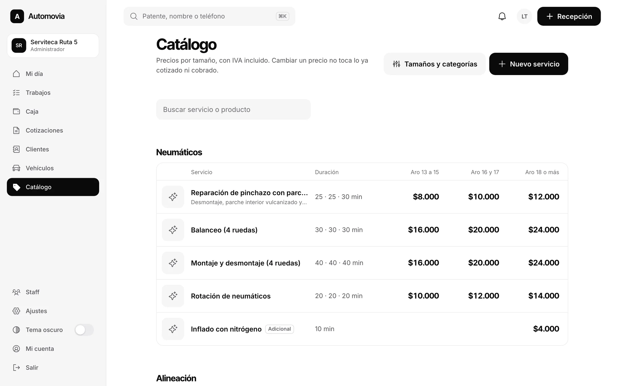 Precio por aro, sin calcular. Pantalla real de Automovity para serviteca y vulcanización