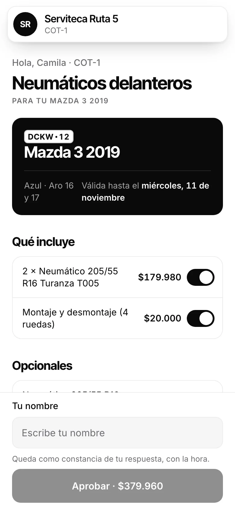 Neumáticos cotizados por link. Pantalla real de Automovity para serviteca y vulcanización