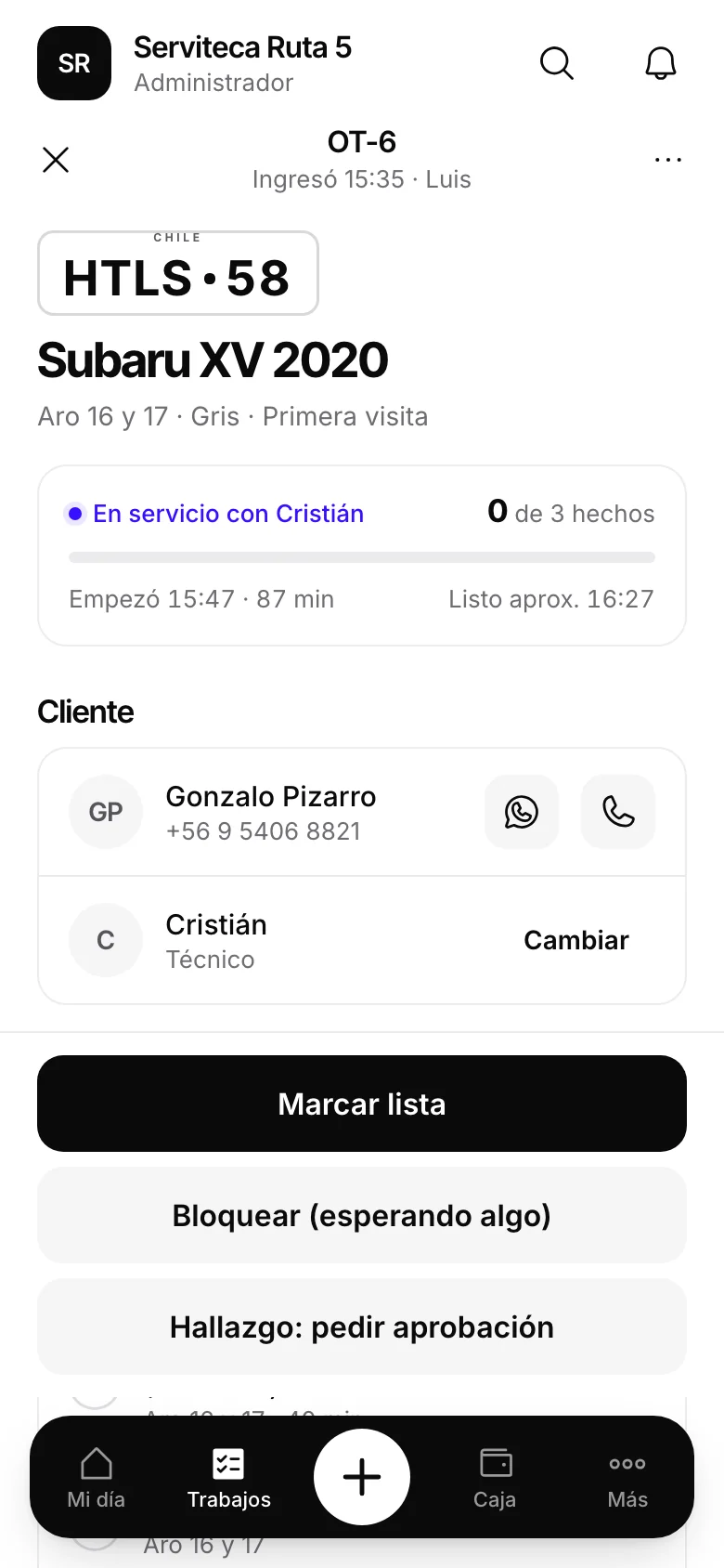 Orden de trabajo de neumáticos en Automovity, con el tamaño de aro del vehículo