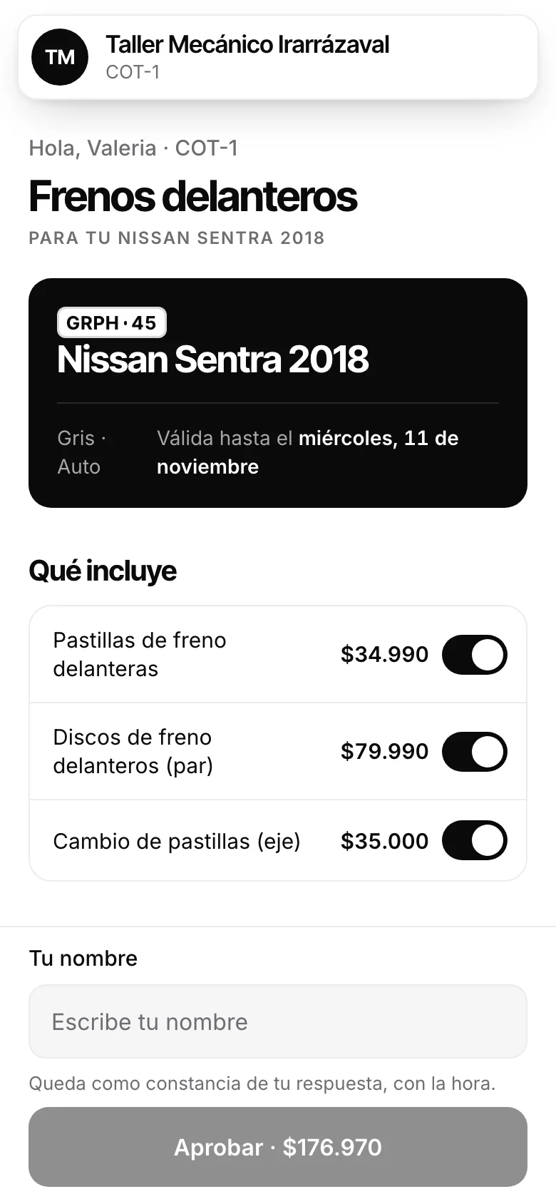 Cotización de un taller en Automovity que el cliente aprueba ítem por ítem