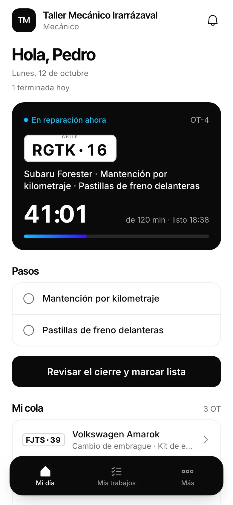 Cada mecánico, sus OT en el celular. Pantalla real de Automovity para taller mecánico