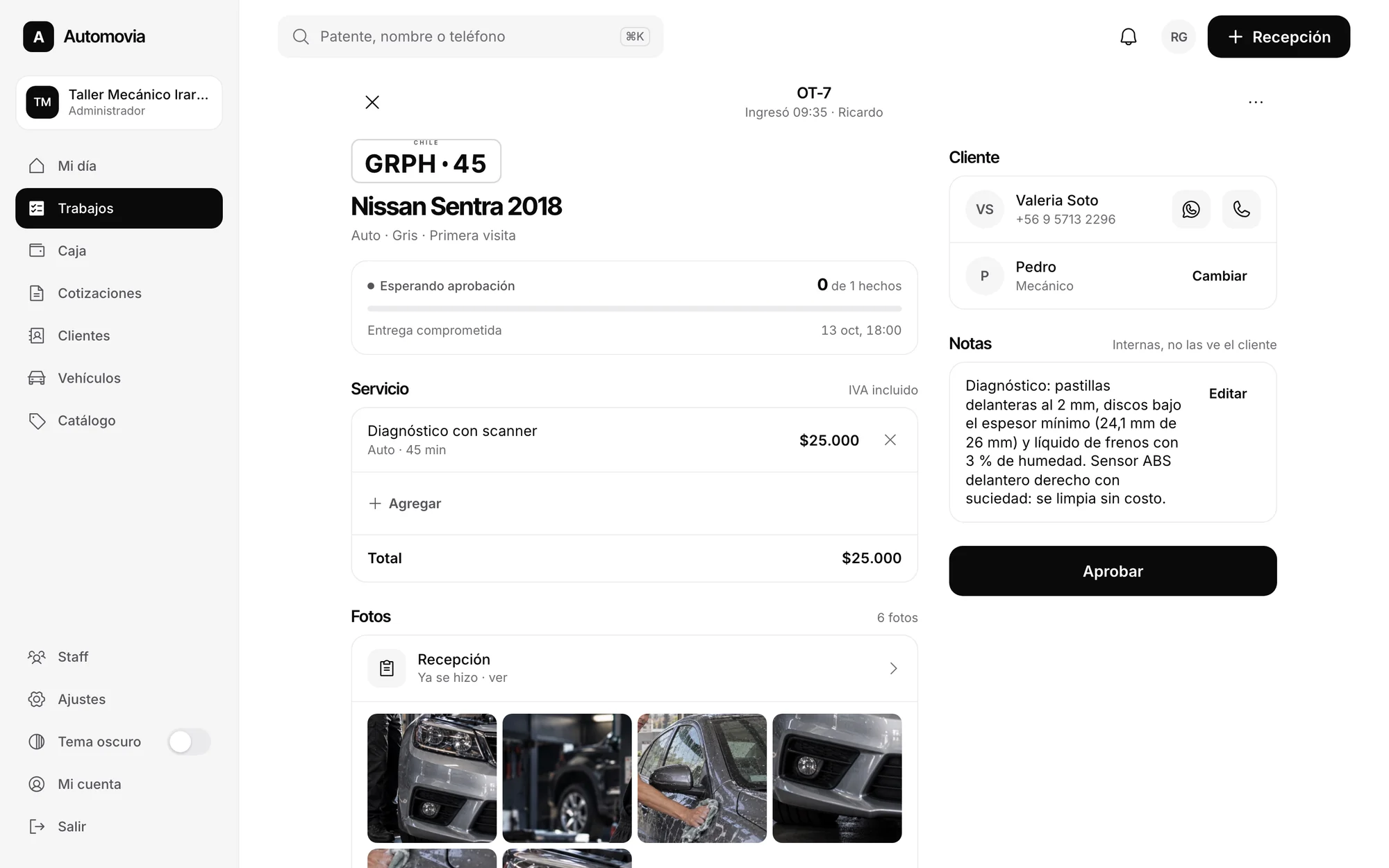 Diagnóstico, fotos y notas en la OT. Pantalla real de Automovity para taller mecánico