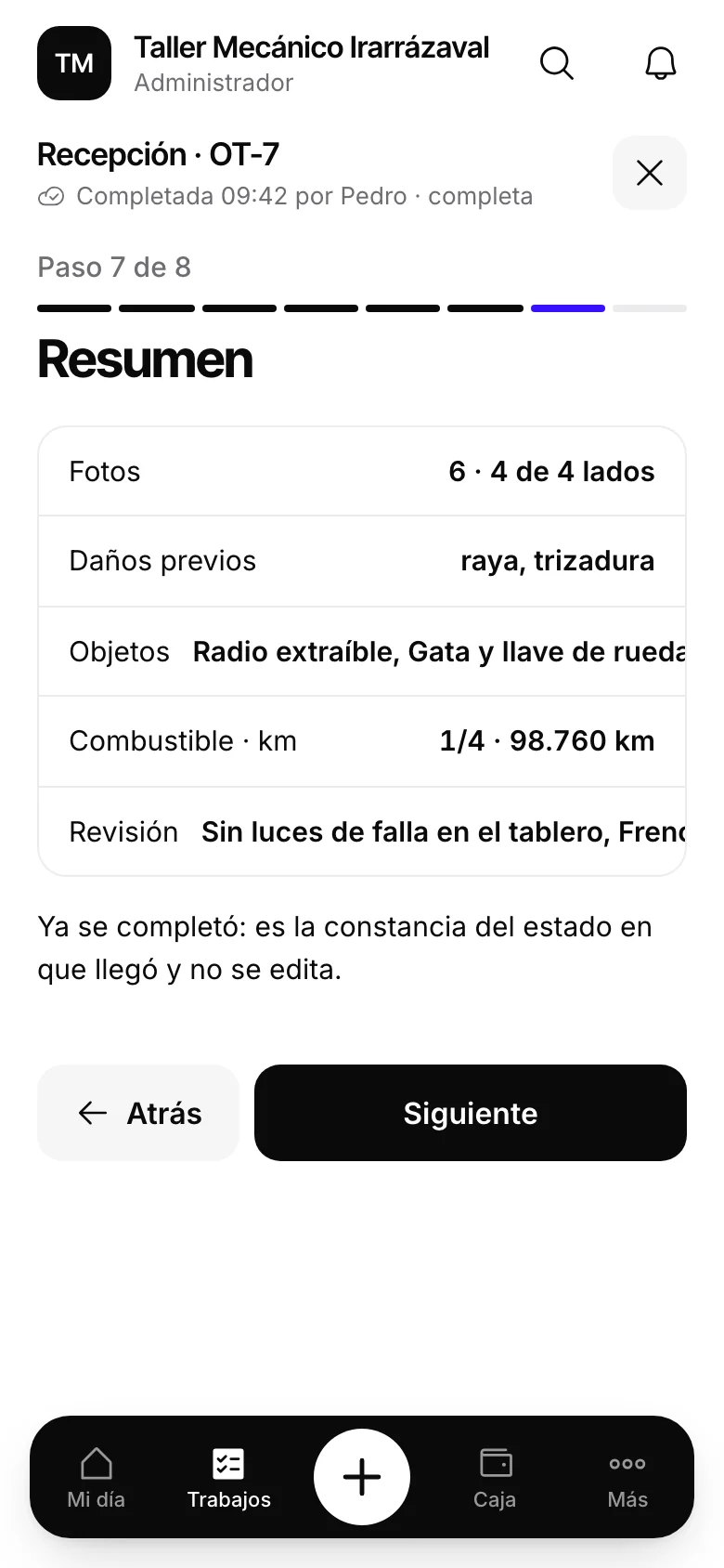 Recepción completa, con firma. Pantalla real de Automovity para taller mecánico